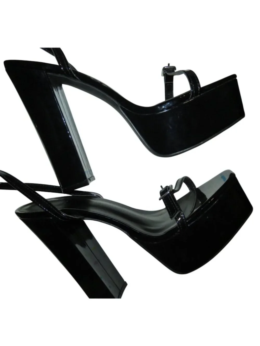Vivianly Black Open Toe Ankle Strap Platform Vegan Patent Leather Chunky Heels